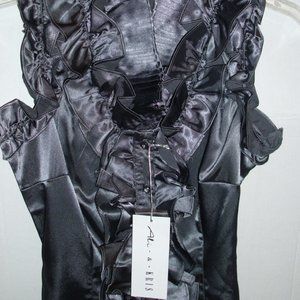 Ali & Kris Satin Ruffle Long Rhinestone Button Up Stretch Designer Gray Top Size